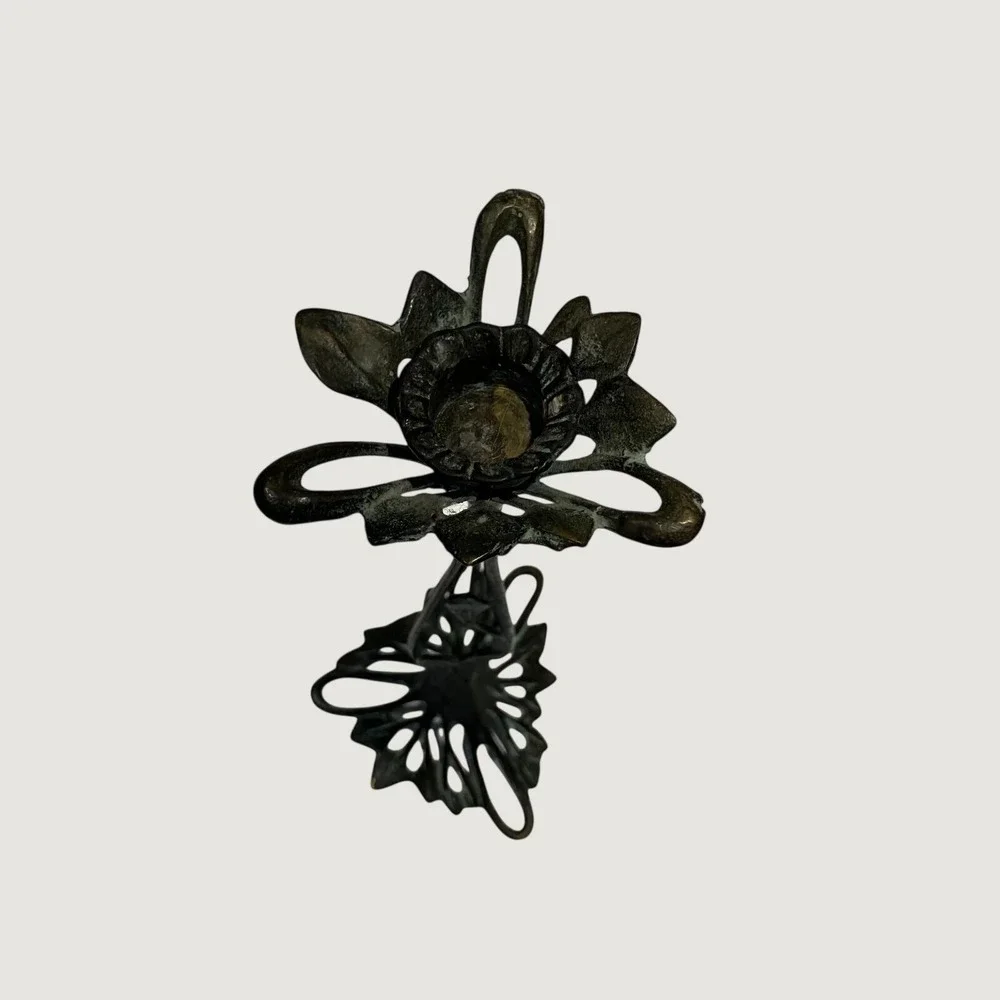 Vintage Art Nouveau Bronze Verdigris Floral Candlestick Holder 12 Inch Openwork